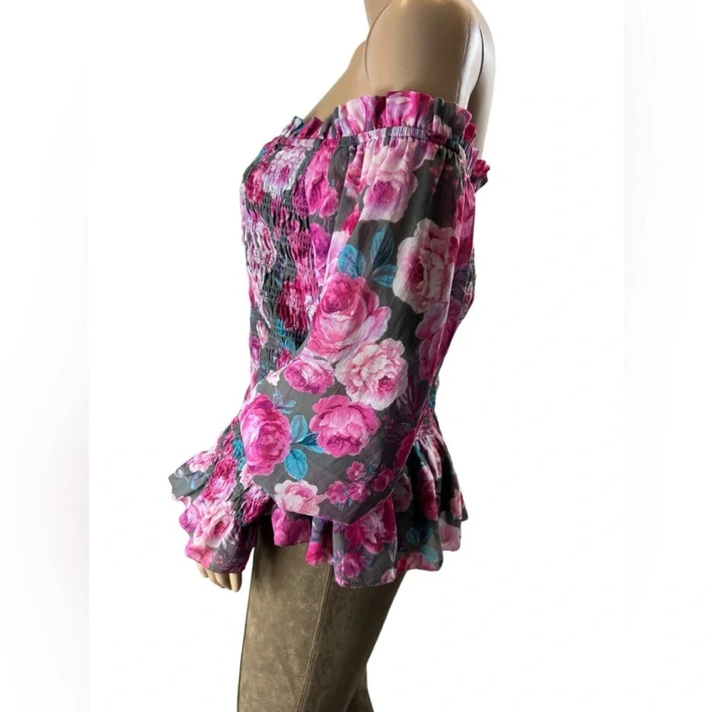 Torrid Crinkle Floral Chiffon Smocked Ruffle Off Shoulder Crop Top Blouse Size 1 - Picture 6 of 14